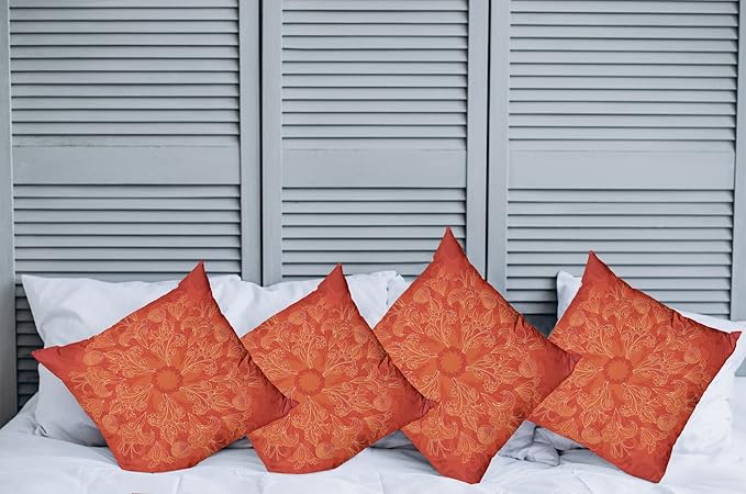 Ambesonne Red Mandala Throw Pillow Cushion Case Pack of 4, Vibrant Colored Doodle Style Nature Romantic Abstract Bouquet Art, Modern Accent Double-Sided Digital Printing, 16", Scarlet Orange