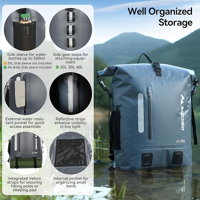 MARCHWAY Roll Top Waterproof Backpack, Floating Dry Bag 20L/30L/45L with Ergonomic Rectangular Base, Cushioned Back, Hip Strap for Hiking Camping Kayaking Travel (Grey, 20L)