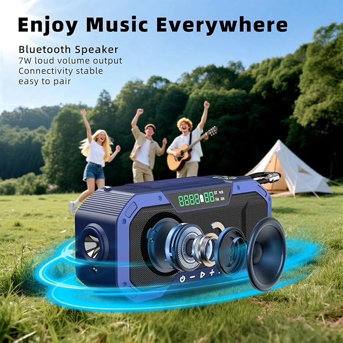 KAYINOW Emergency NOAA Weather Radio, Solar Hand Crank FM AM Radio with Bluetooth Speaker, 5000mAh/18500mWh Battery Powered, Flashlight, IPX5 Waterproof, SOS Alarm for Survival Hurricane Camping
