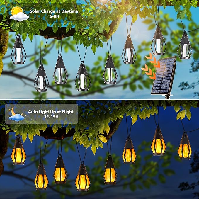 Solar String Lights for Outside, 33Ft Solar Patio Light with 15 Flickering Flame Light Bulbs, Waterproof Warm White Solar Powered Outdoor Lights for Garden Yard Patio Gazebo Bistro Cafe Party Decor