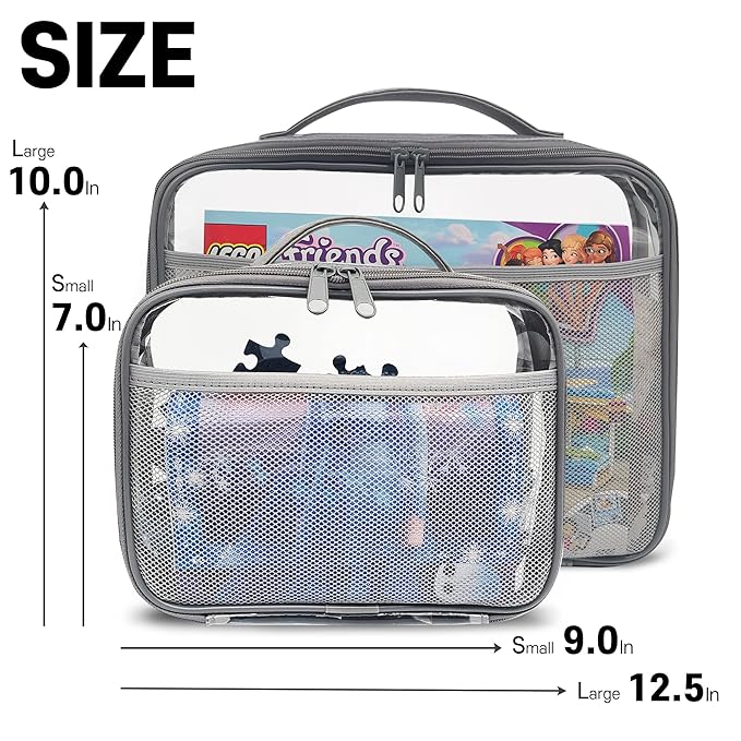 holay 4 Packs Large PVC Toy Storage Organizer with Zipper, Name Tag & Manual Pocket, Clear Durable Case for Blocks, Clay, Board Games, Travel (Gray, Large)