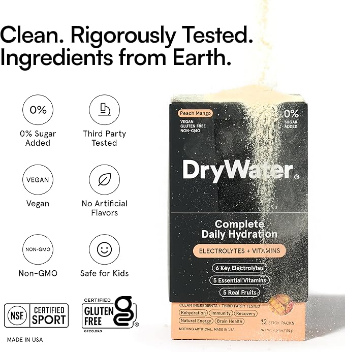 DryWater Electrolyte Powder Packets, Peach Mango - Hydration Packets Drink Mix with Zero Added Sugar for Rehydration & Energy - 6 Key Electrolytes, 5 Essential Vitamins & 5 Real Fruits - 12 Pack