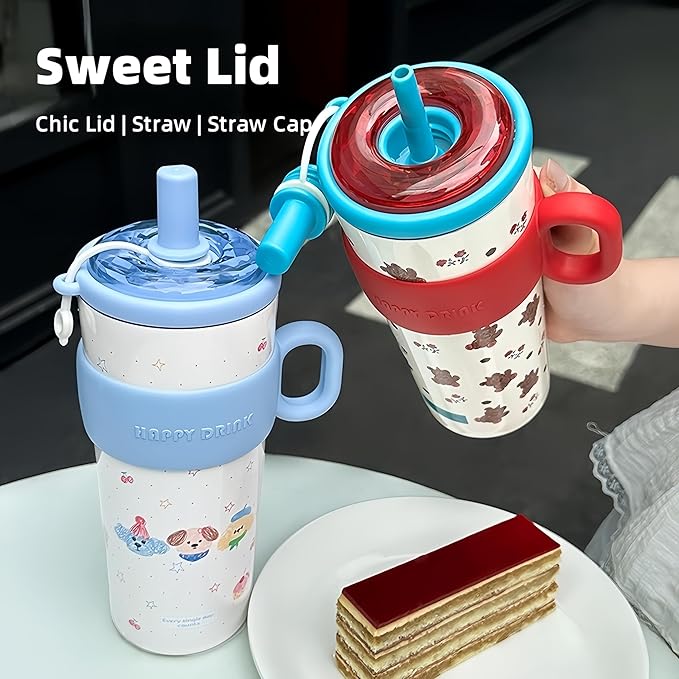21oz Cute Bear Car Cup with Straw & Cap, Leak-Proof Portable Mug with Tea Strainer, Insulated for Hot/Cold - Ideal for Car, Office, Outdoor (Green)