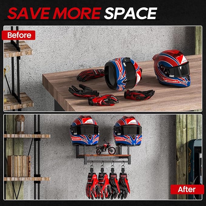 Motorcycle Helmet Holder Wall Mount, Helmet Rack with 4 Glove Clips, Motorcycle Gear Rack Storage, Motorcycle Accessories Organizer for Entryway or Garage