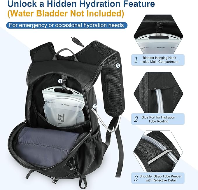 BECOJADDE Hiking Backpack 15L Small Backpack Packable Day pack Water Resistant Lightweight Travel Backpack for Women Men with Shoulder Strap Pockets for Hiking Camping Outdoor, Black