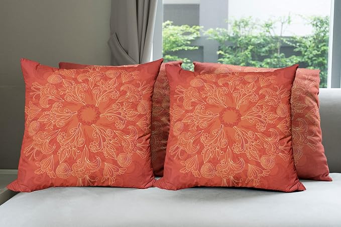 Ambesonne Red Mandala Throw Pillow Cushion Case Pack of 4, Vibrant Colored Doodle Style Nature Romantic Abstract Bouquet Art, Modern Accent Double-Sided Digital Printing, 18", Scarlet Orange