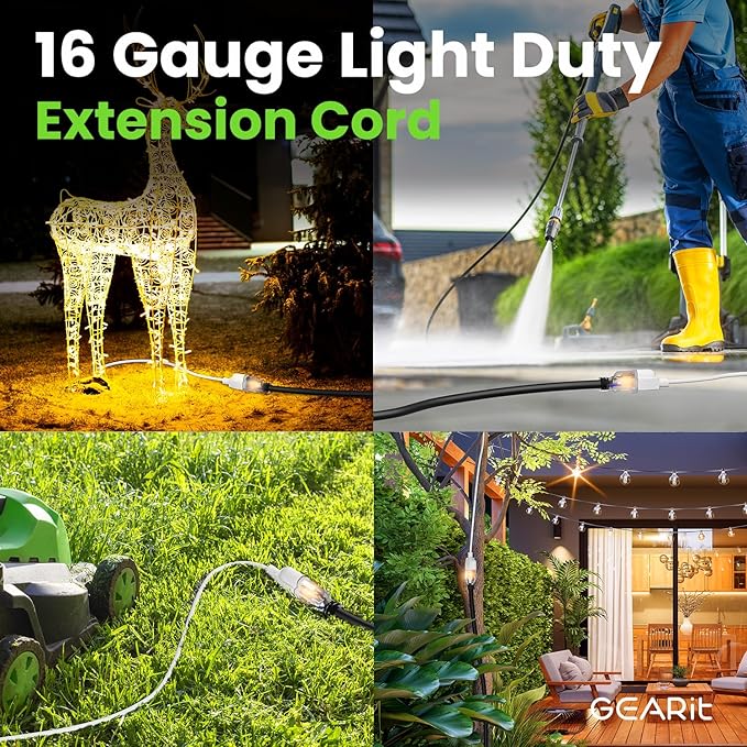 GEARit 10 Ft Extension Cords 16/3 Gauge 360° Rotating Plug Outdoor/Indoor SJTW 16 AWG 3 Prong Heavy Duty Power Cable 13A 125V 1625W for Lawn, Garden, Appliances Black