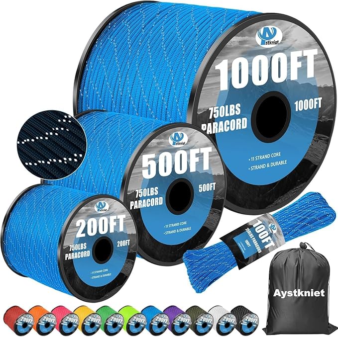 750Ib Reflective Paracord Rope,100' 200' 500' 1000', 4mm 11 Strand Parachute Spool Cord with Collecting Bag, para Cord Lanyard for Hammock, Camping