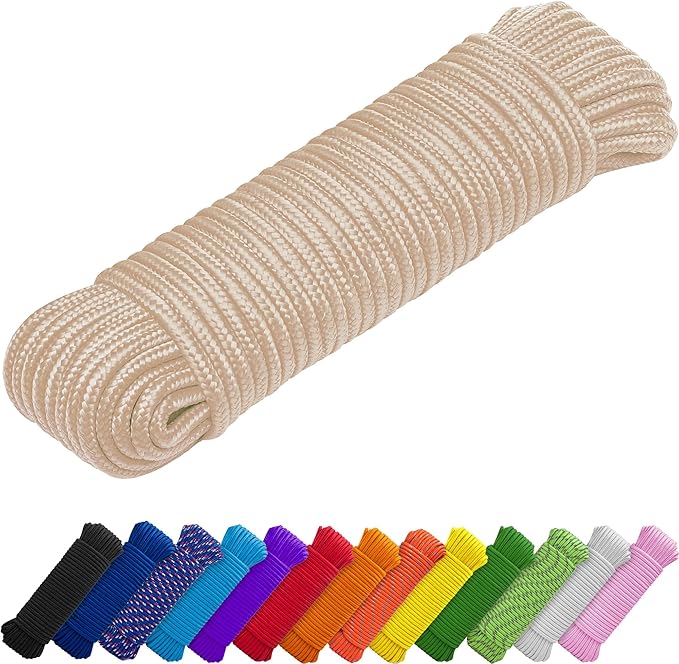 TECEUM Rope – 90 Feet x 3/8 Inch (10mm) – Beige – Strong All-Purpose Utility Rope – Camping, Crafting, Flag Pole, Indoor & Outdoor – Polypropylene Nylon Poly Lightweight Diamond Braided Cord
