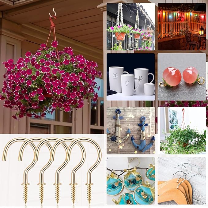 Cup Screw Hooks,1-1/2 inch Metal Screw in Ceiling Hooks,45 Pack Metal Ceiling Plant Hanger Hooks, Wind Chimes Hook Kitchen Cup Hook Great for Hanging Indoor & Outdoor Use(Golden)