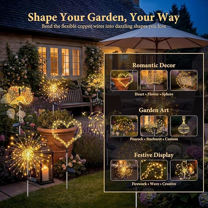 Solar Firework Lights Outdoor 4 Pack, 120LED Solar Starburst Garden Lights with 8 Modes, Waterproof Decorative Sparkle Light for Backyard, Garden, Patio & Lawn Landscape - Gifts for Women Mom
