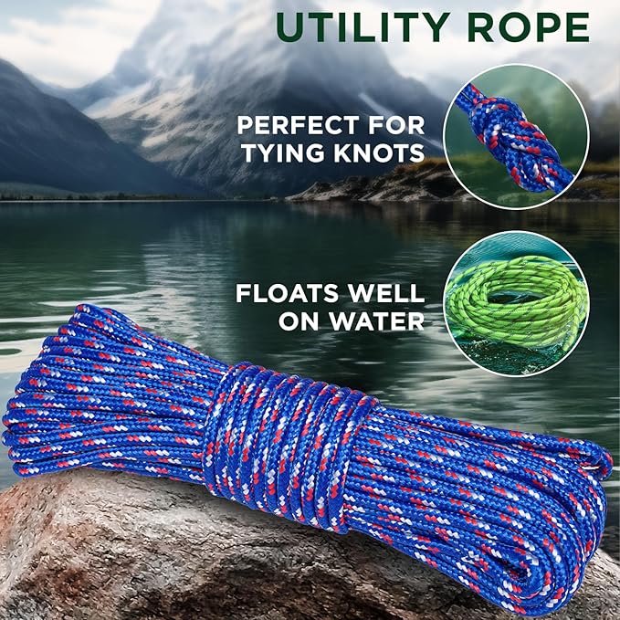 TECEUM Rope – 150 Feet x 1/4 Inch (7mm) – Patriot Mix – Strong All-Purpose Utility Rope – Camping, Crafting, Flag Pole, Indoor & Outdoor – Polypropylene Nylon Poly Lightweight Diamond Braided Cord