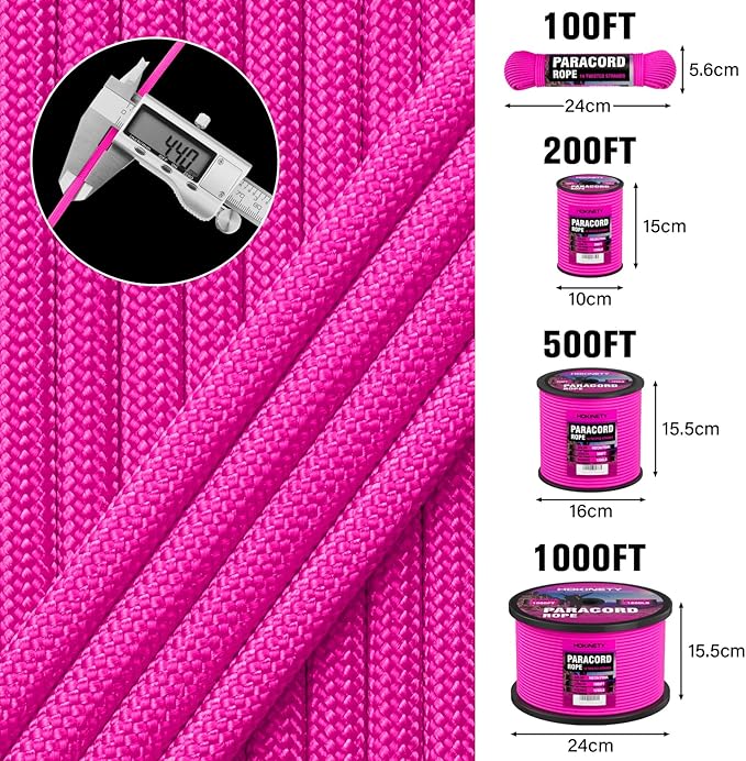 1200 Paracord Rope - 4.4mm 14 Strand Nylon Parachute Spool para Cord Lanyard for Outdoor Camping Survival Utility Tent Crafting DIY Projects Fishing Clothsline Bracelet - Neonpink 200FT