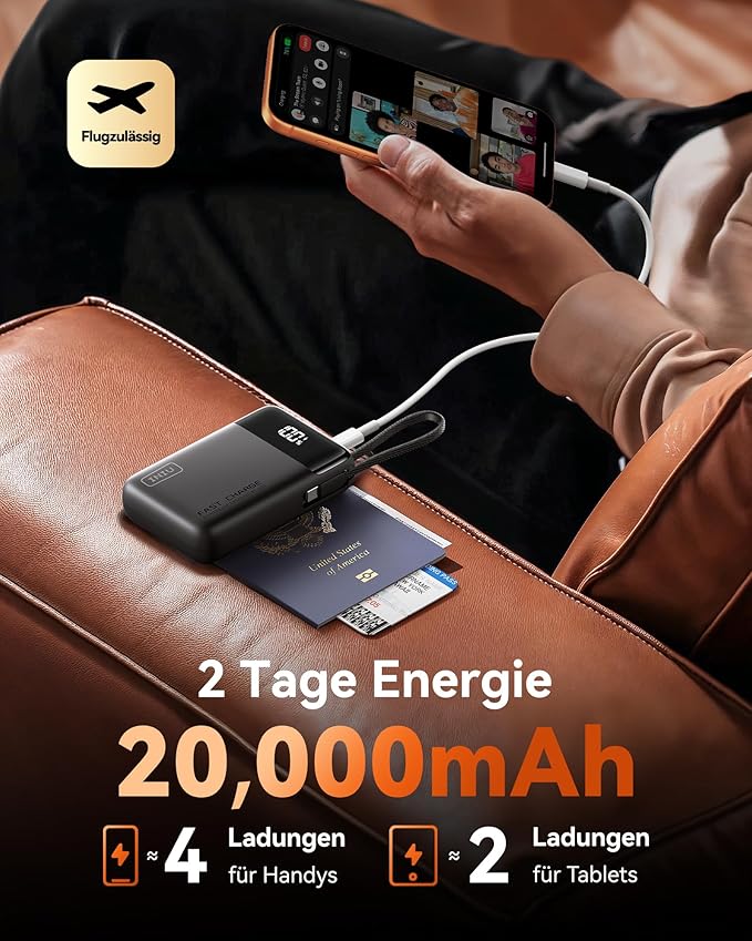 INIU 20000mAh Power Bank, Small Portable Charger, 45W PD Fast Charging Battery Pack with Build in USB-C Cable, Travel Phone Charger for iPhone 17 16 15 14 Air Samsung S25 S24 Google iPad Xiaomi, White