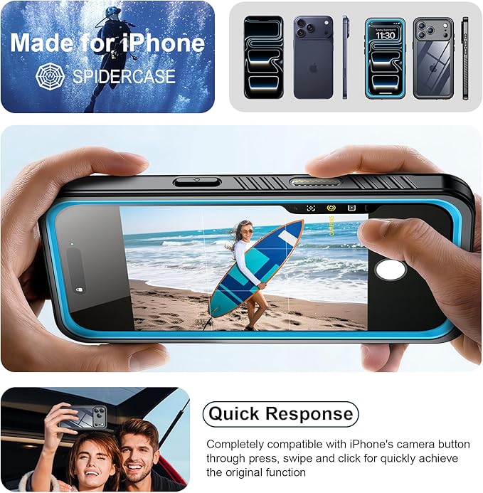 SPIDERCASE for iPhone 17 Pro Case Waterproof, Built-in Lens & Screen Protector, Full Heavy Duty Protection, 12FT Military Shockproof, Dustproof, Anti-Scratched Phone Case,Blue/Clear