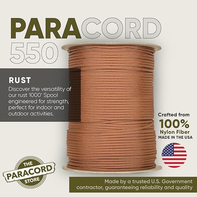 The Paracord Store | Type III 550 Paracord - 250 FT Spool, Rust | Heavy Duty 7 Strand Tactical Paracord - USA Made Nylon Outdoor Parachute Cord for Camping, Fishing & More - Survival Cord