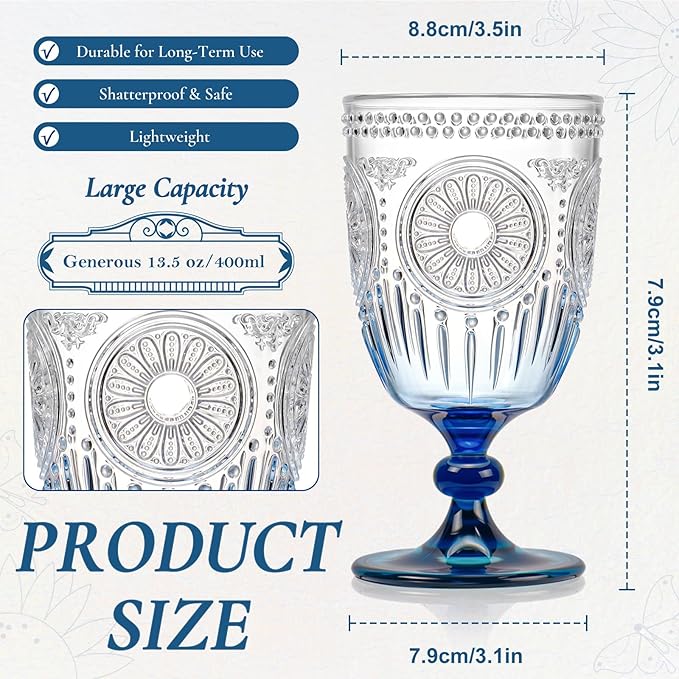 XUWAIDSGN 6Pcs Plastic Vintage Wine Glasses 13.5oz Reusable Embossed Goblet Glasses Blue Gradient Retro Wine Glassware Unbreakable Stemmed Champagne Water Cups for Wine Cocktail Juice Wedding