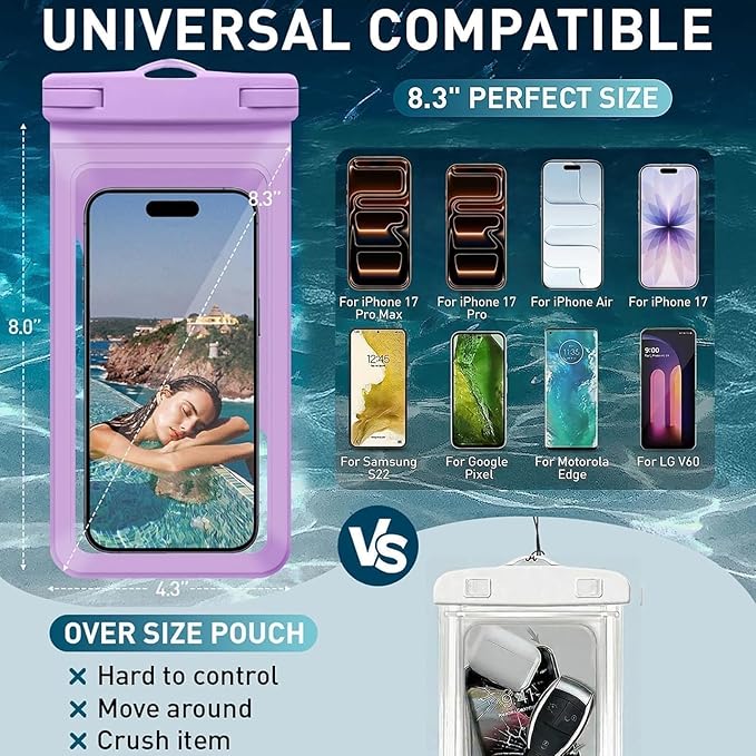 Universal Waterproof Phone Case, with Inside Card Holder, Large Dry Bag Compatible for iPhone 17 16 15 14 13 12 Pro Max XS Plus for Galaxy S22, IPX8 Beach Travel Essentials, 1 Pack-Purple-8.3″