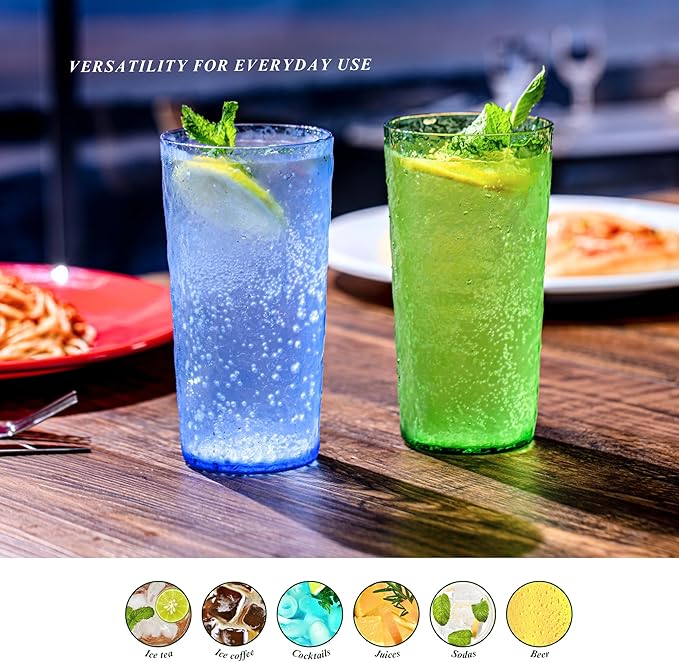 18oz Colorful Acrylic Glasses Drinkware (Set of 8), Ice-carved Design Stackable Shatter-Proof Plastic Cups, Reusable Plastic Drinking Tumblers, BPA-Free, Dishwasher-Safe