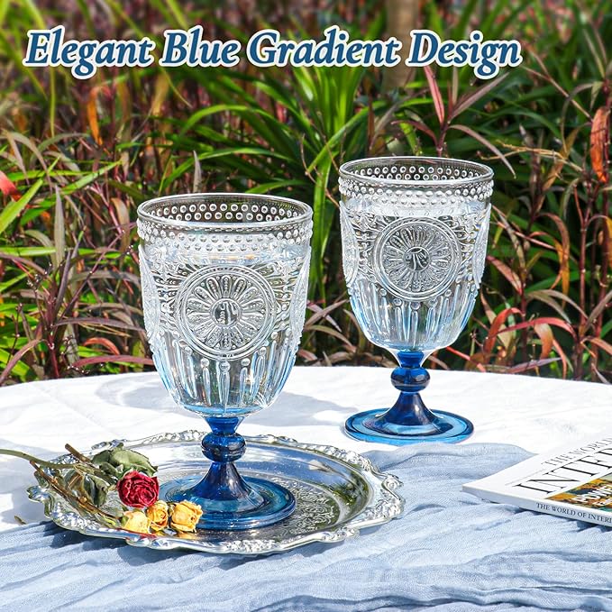 XUWAIDSGN 6Pcs Plastic Vintage Wine Glasses 13.5oz Reusable Embossed Goblet Glasses Blue Gradient Retro Wine Glassware Unbreakable Stemmed Champagne Water Cups for Wine Cocktail Juice Wedding
