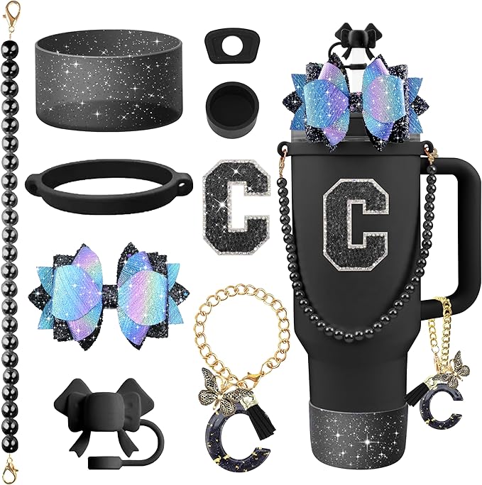 9PCS Black for Stanley Cup Accessories Set Bling Initials Bow Charms for Stanley Decorations 30/40 Oz Tumbler Accessories Including Bow Straw Topper, Handle Strap, Spill Stopper（Letter C）