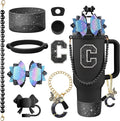 9PCS Black for Stanley Cup Accessories Set Bling Initials Bow Charms for Stanley Decorations 30/40 Oz Tumbler Accessories Including Bow Straw Topper, Handle Strap, Spill Stopper（Letter C）