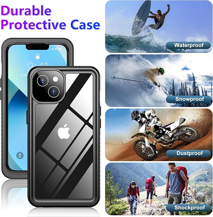 Red2Fire 2024 New for iPhone 13 Case Waterproof,[Built-in Screen Protector & Camera Protector][Full Body Shockproof][IP68 Underwater][Dustproof][Dropproof] Phone Case for iPhone 13 6.1" Black/Clear