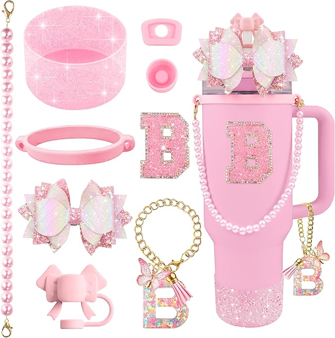 9PCS Pink for Stanley Cup Accessories Set Bling Initials Bow Charms for Stanley Decorations 30/40 Oz Tumbler Accessories Including Bow Straw Topper, Handle Strap, Spill Stopper（Letter B）