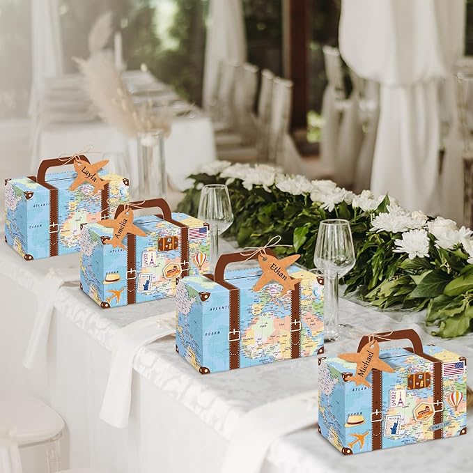 24Pcs Large Suitcase Party Favor Boxes Travel The Map Paper Treat Box with Tags Birthday Supplies Travel Theme Candy Goodie Gift Boxes for Birthday Baby Shower Wedding Adventure Party Table Decoration
