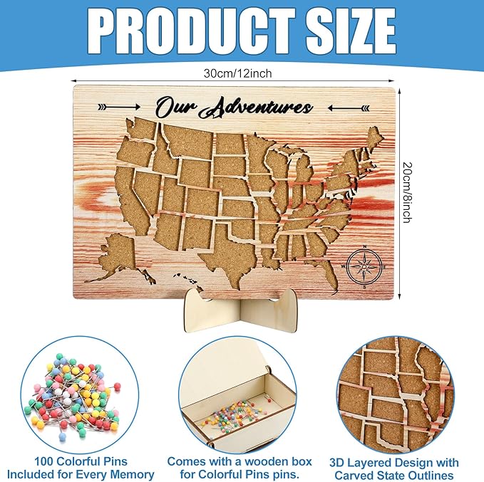Cork Board USA Travel Map with Push 100 Pin and Wooden Storage Box 12" x 8" United States Tracking Map for Travel Tracking Couples Gift for RV Vacations Geography Classroom Decor