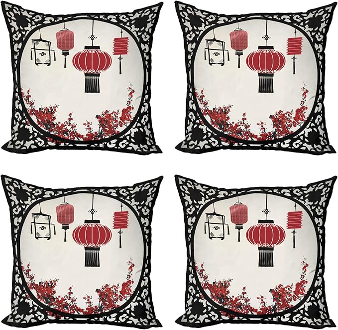 Ambesonne Lantern Throw Pillow Cushion Case Pack of 4, Lanterns with Japanese Sakura Cherry Blossom Trees Round Ornate Graphic, Modern Accent Double-Sided Digital Printing, 20", Red Beige