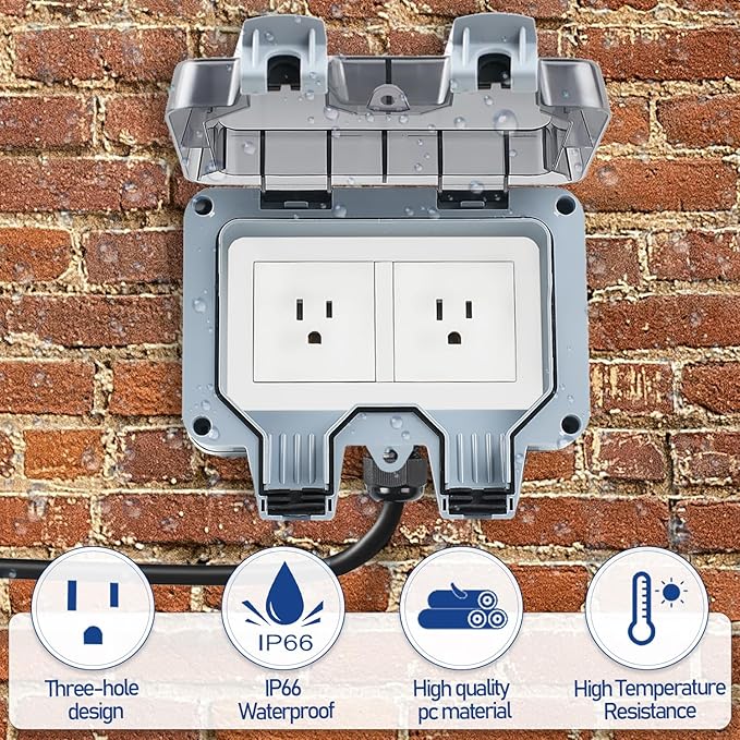 Outdoor Power Outlet Box with 16.4Ft Extension Cord, NEMA 5-15R, STW 14 AWG, Weatherproof Waterproof IP66 Electrical Outlet Extender, Exterior Wall Power Socket w/Cover for Garden
