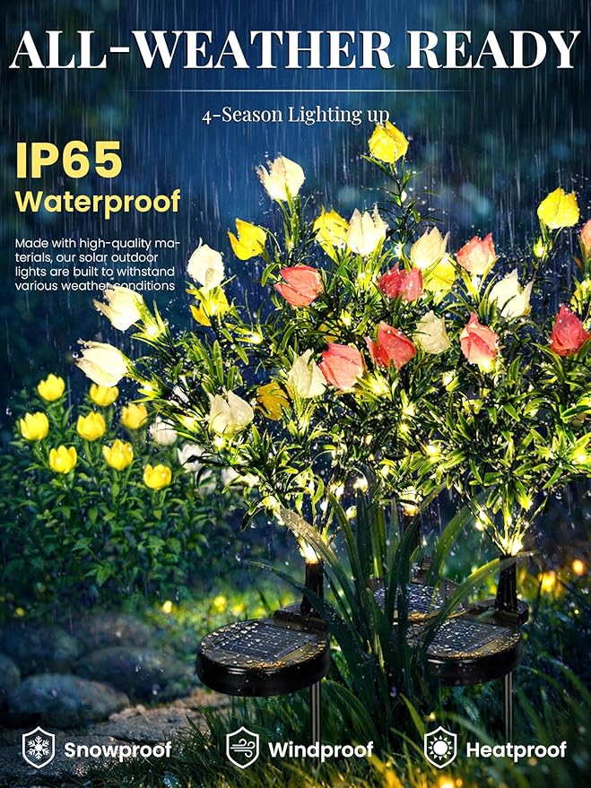 GIGALUMI Solar Garden Lights with Gardenias, 4 Pack LED Garden Decor Carefree Solar Flowers Outdoor Waterproof, Yard Decorations Outdoor, Allergy-Free Light up Flowers for Yard (2white+1yellow+1pink)