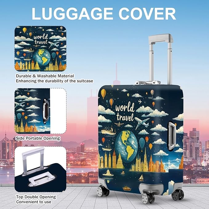 ANNA QUEEN World Travel Luggage Cover, Adventure Theme Suitcase Protector, Stretchable Washable Cover for 28-30 Inch Luggage