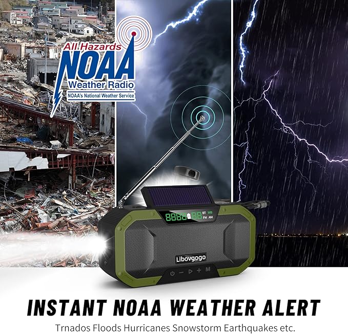 Emergency Radio Waterproof Bluetooth Speaker,Portable AM FM Radio with Flashlight,Reading Lamp,Hand Crank NOAA Weather Radio with Solar Panel,5000mAh/18500mWh Cell Phone Charger,Emergency Survival Kit