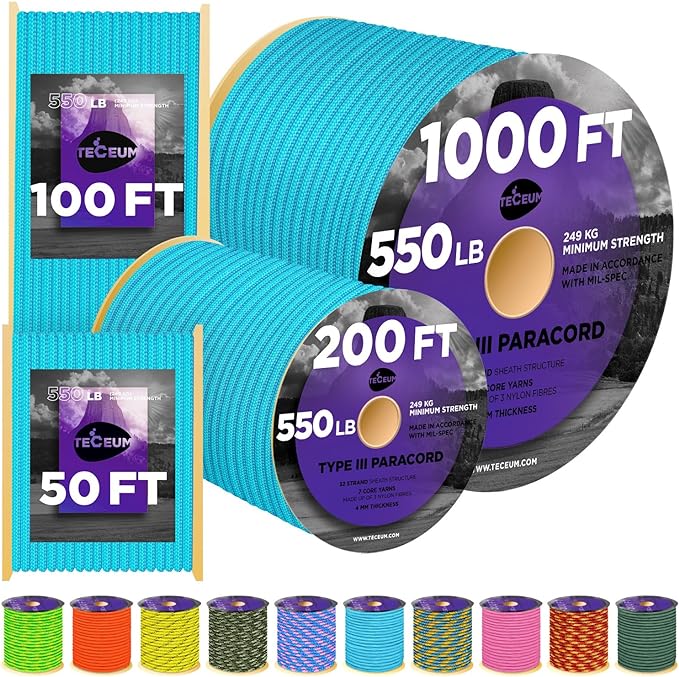 TECEUM Reflective Paracord Rope 1000 – 1000ft/200ft/100ft/50ft – 40+ Colors – Glow in The Dark – para Cord – Utility Rope for Survival, Hunting & Camping Gear – Nylon String, Camping Rope, Tent Cord