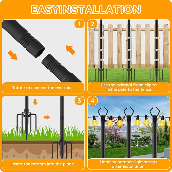 AHRLHR 2 Pack String Light Poles, Outdoor String Light Pole 10ft Forked Metal Light Pole with Adjustable Outdoor Light Stand, Deck, Backyard, Garden, Wedding, Rustproof and Sturdy with Hooks