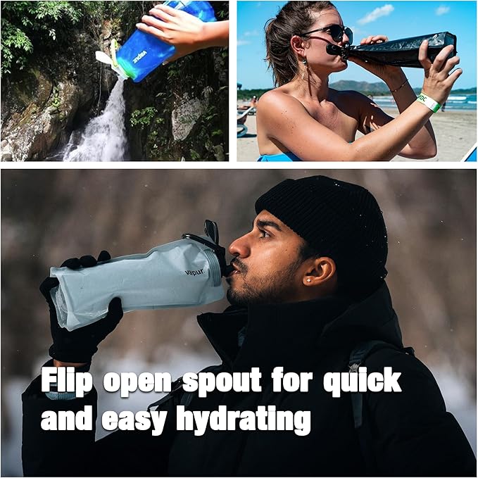 Vapur Collapsible Water Bottle With Carabiner, Compact Bottle Folds Flat For Hydration On The Go, Ideal for Traveling, Hiking or Camping, 34 Ounce, Burgundy, Pack of 2