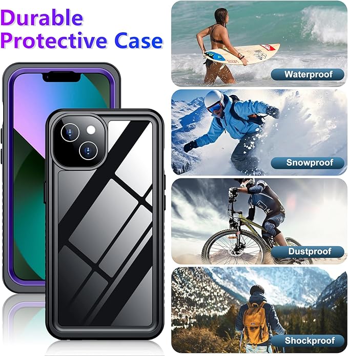 Temdan Compatible with iPhone 13 Case Waterproof, Built-in Screen & Camera Protector IP68 Underwater Full Body 13FT Military Dropproof Shockproof Phone Case 6.1"-Purple/Clear