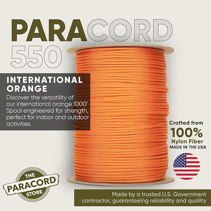 The Paracord Store | Type III 550 Paracord - 1000 FT Spool, International Orange | Heavy Duty 7 Strand Tactical Paracord - USA Made Nylon Outdoor Parachute Cord for Camping, Fishing - Survival Cord