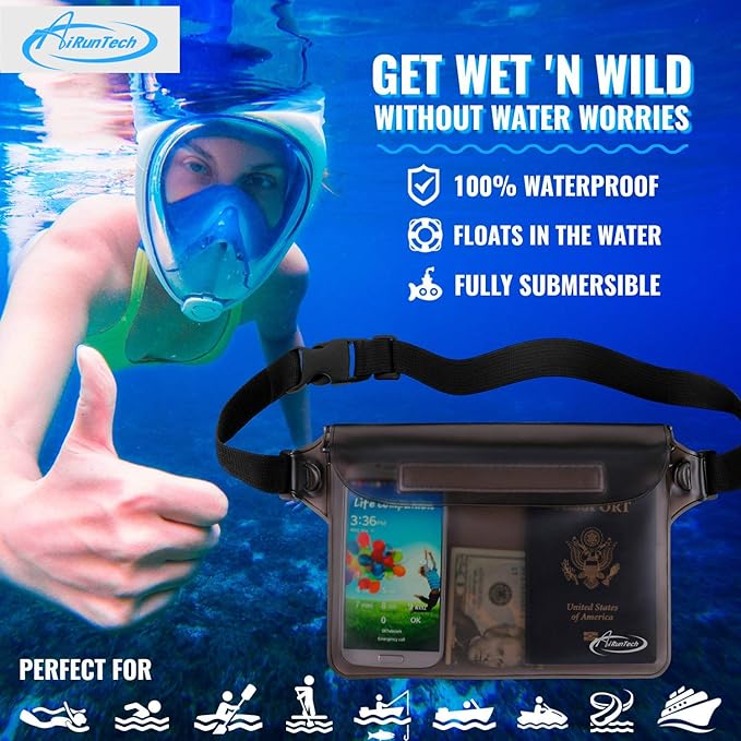 AiRunTech Waterproof Fanny Pack,Waterproof Phone Pouch for iPhone 16 15 14 13 12 11 Pro Max,IPX8 Dry Bag for Snorkeling Beach Cruise Kayaking Pool Swimming(Two Phone Cases+Two Waist Bags Set)