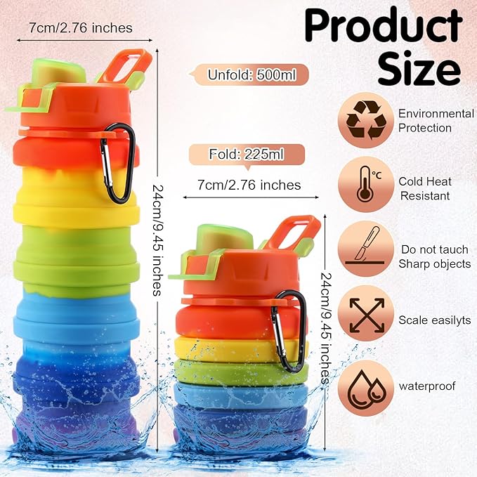 Sunnyray 14 Pack Collapsible Water Bottles Travel 17oz Silicone Portable Foldable Bottles Leak Proof Reusable Sports Cups with Clip for Camping Hiking Cycling Outdoor(Lighted Color)