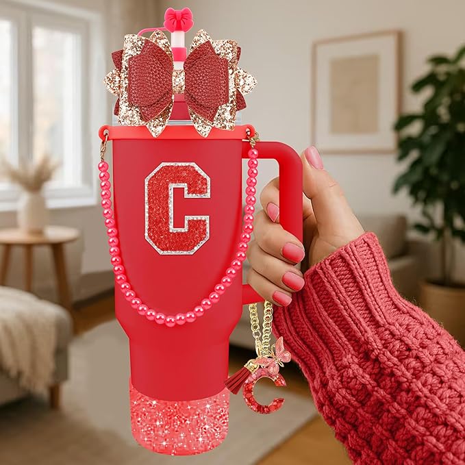 9PCS Red for Stanley Cup Accessories Set Bling Initials Bow Charms for Stanley Decorations 30/40 Oz Tumbler Accessories Including Bow Straw Topper, Handle Strap, Spill Stopper（Letter C）