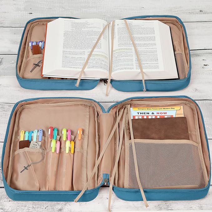 FINDCOZY Bible Cover for Women, Durable Carrying Book Case Church Bag for Biblical Accessories with Handle and Zippered Pocket,Lake-Blue
