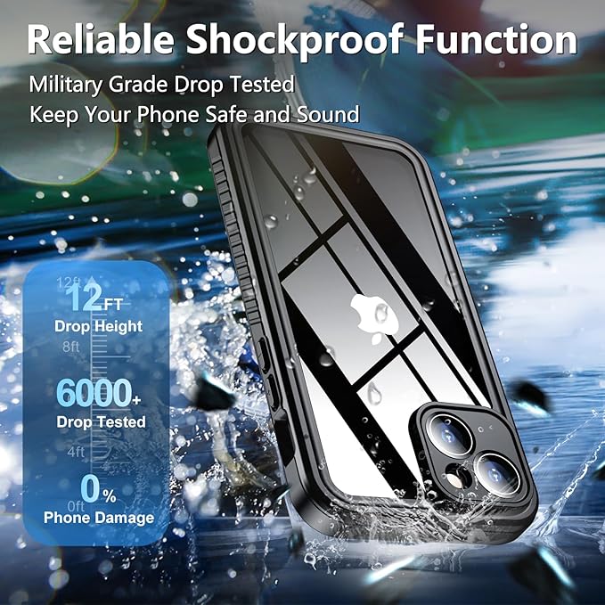 SPIDERCASE for iPhone 15 Case Waterproof, Built-in Lens & Screen Protector, Full Heavy Duty Protection, 12FT Military Shockproof, Dustproof Phone Case,Black