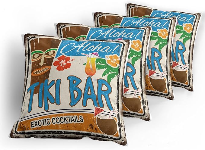 Ambesonne Tiki Bar Decorative Throw Pillow Case Pack of 4, Rusty Vintage Sign Aloha Exotic Cocktails and Coconut Drink Antique Nostalgic, Cushion Cover for Couch Living Room Car, 18", Brown Blue