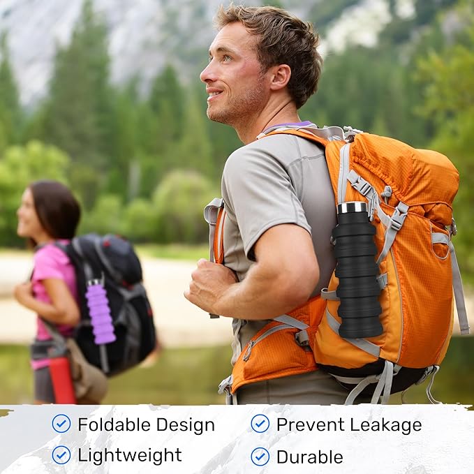 Collapsible Water Bottle, 16oz Portable Reusable Silicone Water Bottle, BPA-Free Leak-Proof Foldable Design with Carabiner, Lightweight Durable for Gym, Travel, Camping, Hiking, Sports, Yellow
