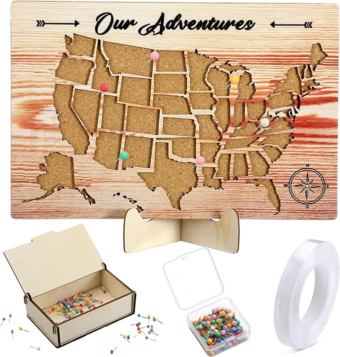 Cork Board USA Travel Map with Push 100 Pin and Wooden Storage Box 12" x 8" United States Tracking Map for Travel Tracking Couples Gift for RV Vacations Geography Classroom Decor