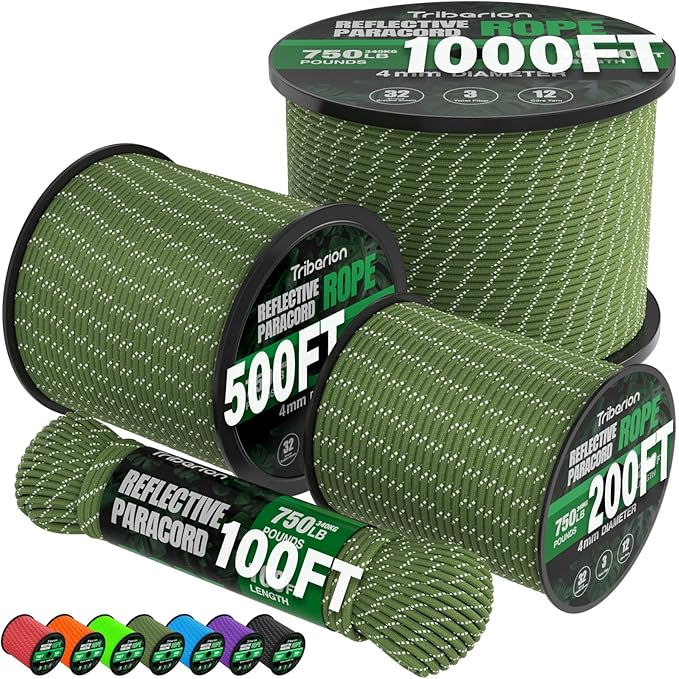 Reflective Paracord Rope 750 lb - 500ft 5/32" Parachute Cord 4MM 12-Strand para Cord - Heavy Duty Spool String for Survival,Camping Gear, Survival Bracelet, Clothesline - Army Green