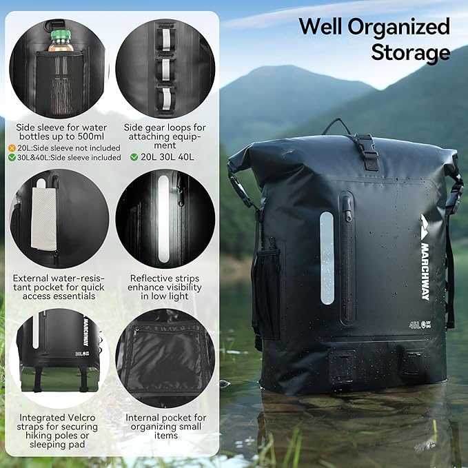 MARCHWAY Roll Top Waterproof Backpack, Floating Dry Bag 20L/30L/45L with Ergonomic Rectangular Base, Cushioned Back, Hip Strap for Hiking Camping Kayaking Travel (Black, 30L)